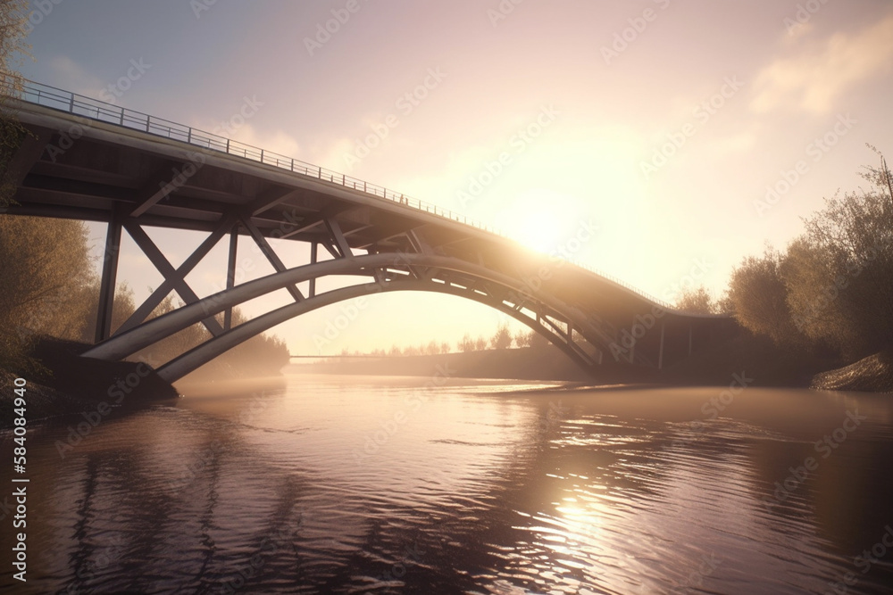 A view of a steel bridge spanning a river at sunrise wallpaper made by generative ai