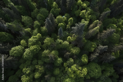 Top-down drone view of a forest nature wallpaper made by generative ai
