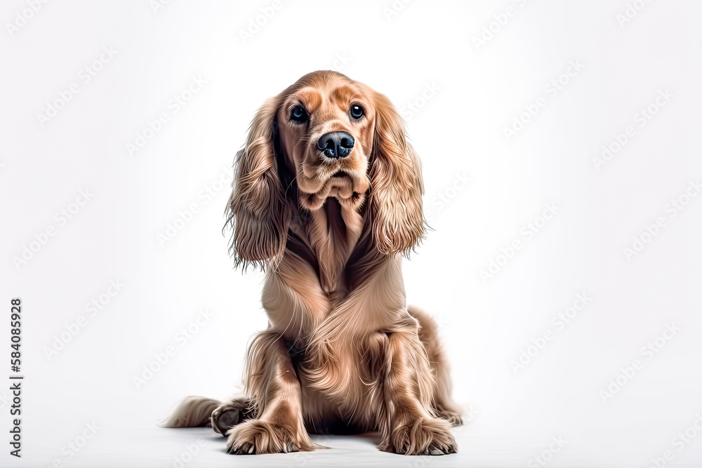 English cocker spaniel, the young dog is posing. playing and looking happy isolated on white background. 