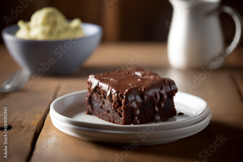 Delicious homemade chocolate brownie in white ceramic plate on rustic wooden table. AI generated. Selective focus