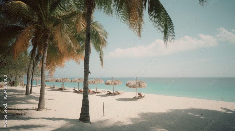 Sun, Sand, and Palms: A Serene Tropical Beach with a Pristine Shoreline, AI Generative
