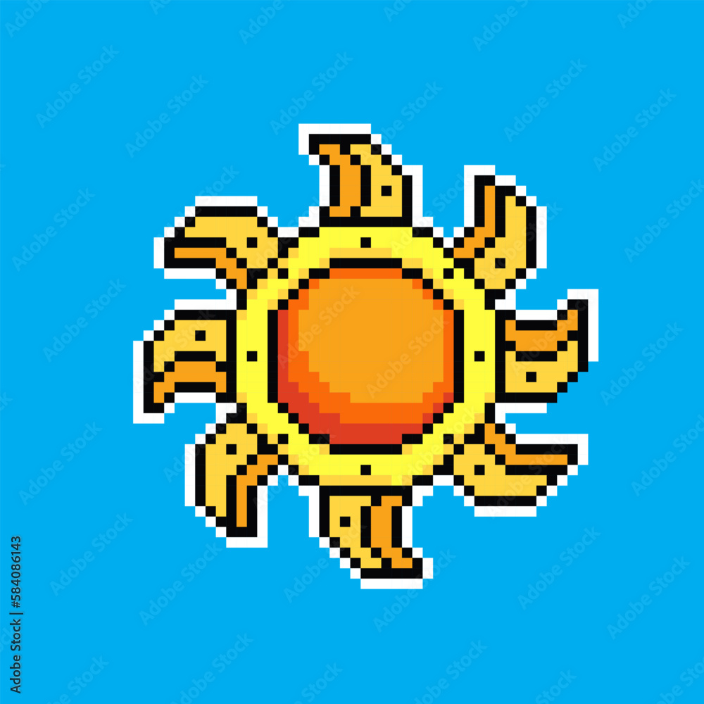 Sun pixel art icon. Yellow pixelated sun design for logo, web, mobile app, badges and patches.
Video game sprite. 8-bit. Isolated vector illustration.
