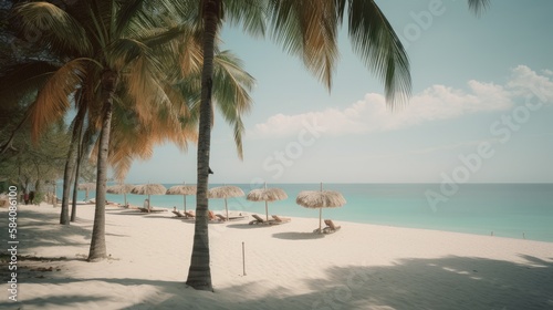 Sun, Sand, and Palms: A Serene Tropical Beach with a Pristine Shoreline, AI Generative  © NikoArakelyan