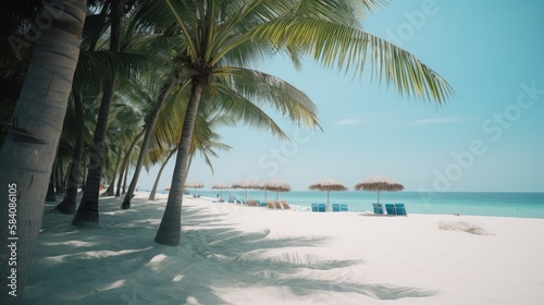 A Heavenly Retreat: A Serene Beach with Towering Palms and Pristine Shoreline, AI Generative © NikoArakelyan