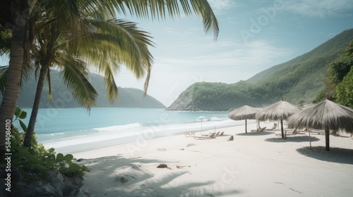 A Secluded Paradise: A Serene Beach with Towering Palms and Turquoise Waters, AI-Generated