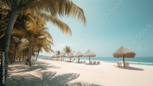 A Tranquil Oasis: A Serene Tropical Beach with Palm Trees and Clear Blue Skies, AI-Generated © NikoArakelyan