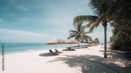 Beach Beauty: A Serene Tropical Escape with Soft Sand and Lush Palm Trees, AI Generative © NikoArakelyan