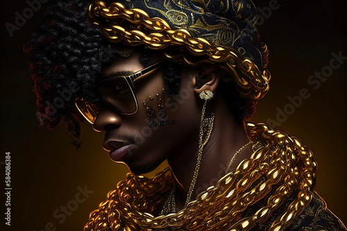 portrait of a rapper in gold chains and sunglasses, Generative AI