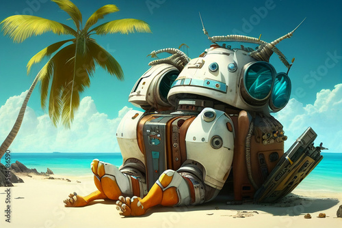 the robot is resting and sunbathing on the beach of the island, Generative AI