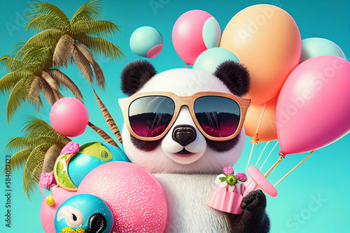 happy panda in sunglasses with ice cream sweet balloons fruits palms, birthday summer mood vibe celebration holiday, generative AI
