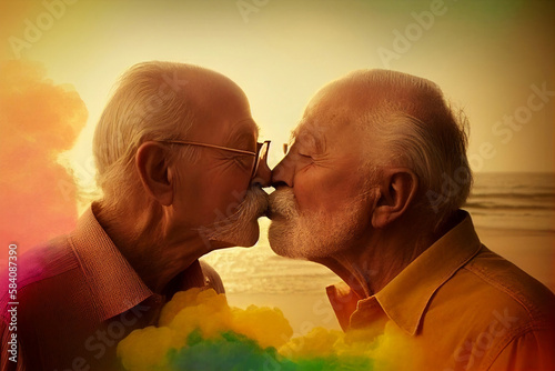 love kiss of couple old senior men with a beard, LGBTQ rainbow, generative AI