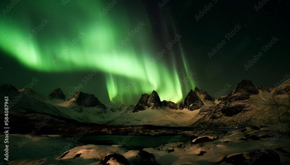 green northern lights aurora borealis over the mountains, generative ai