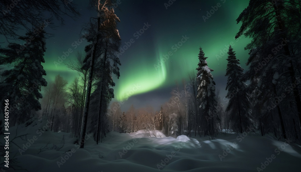 green northern lights aurora borealis in the forest, generative ai