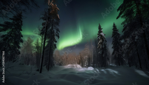 green northern lights aurora borealis in the forest, generative ai © RJ.RJ. Wave