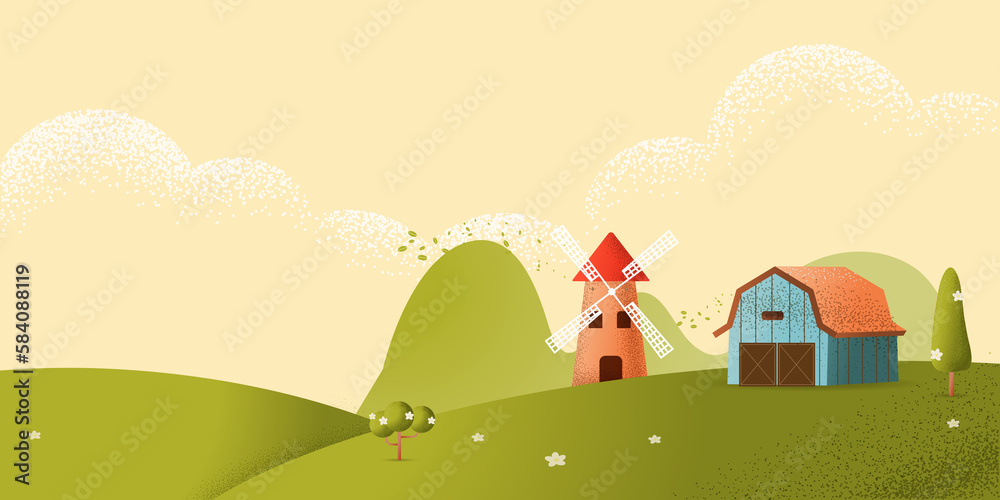 Beautiful farm landscape on a hill texture style concept illustration