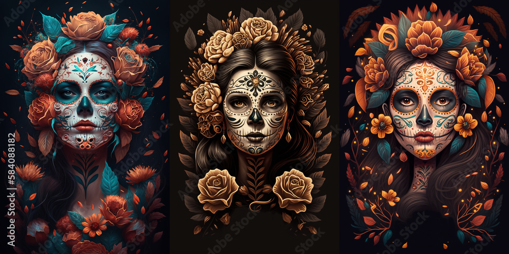 Dia de los muertos poster, striking ai generated skull-faced women portraits with colorful eye-catching makeup, floral crown and traditional attire. Illustrations for holiday event, party, home decor
