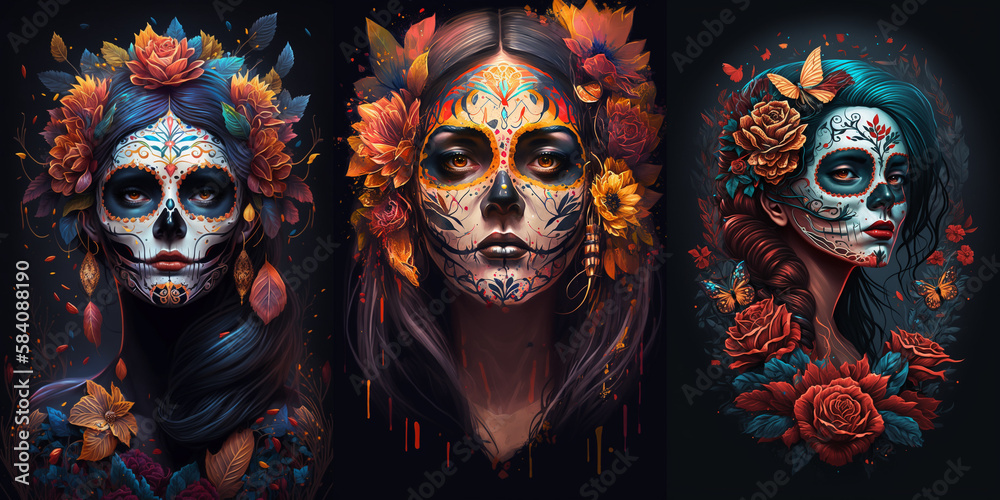 Dia de los muertos poster with Calavera sugar skull girl portraits. Tattoo or greeting card bold and vivid ai generated design featuring skull-faced women for events or decorating home for holiday