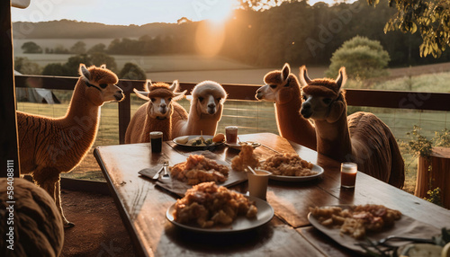 breakfast with baby cute alpacas animals morning nature in the countryside, generative ai