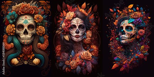 Dia de los muertos poster, ai generated iconic Calavera Catrina portrait. Halloween skeleton dressed in floral crown. Symbol of Mexican holiday celebration, Latin cultural event, party honoring dead photo