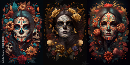 Dia de los muertos poster in traditional Mexican style perform beauty of Calavera Catrina ai generated holiday personage for home decor or cultural event featuring skull-faced women with flowers