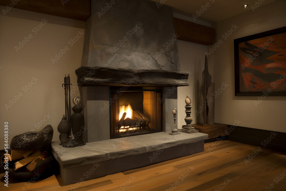 brick fireplace with burning logs comfort relax rest, generative ai brick fireplace with burning logs comfort relax rest, generative ai