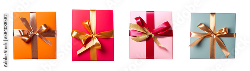 Top down view isolated gift box with gold ribbon on transparent background. Generative AI