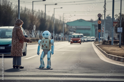 Old woman walking on the street with a robot who helps her, Generative AI