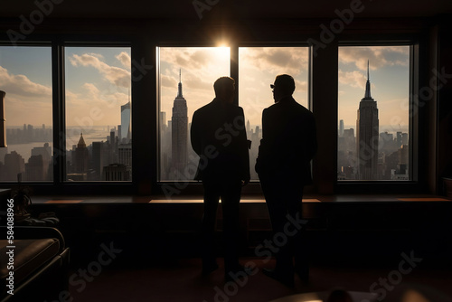 business meeting negotiations making a deal big money silhouette of a person in a window new york city view at sunset, generative AI