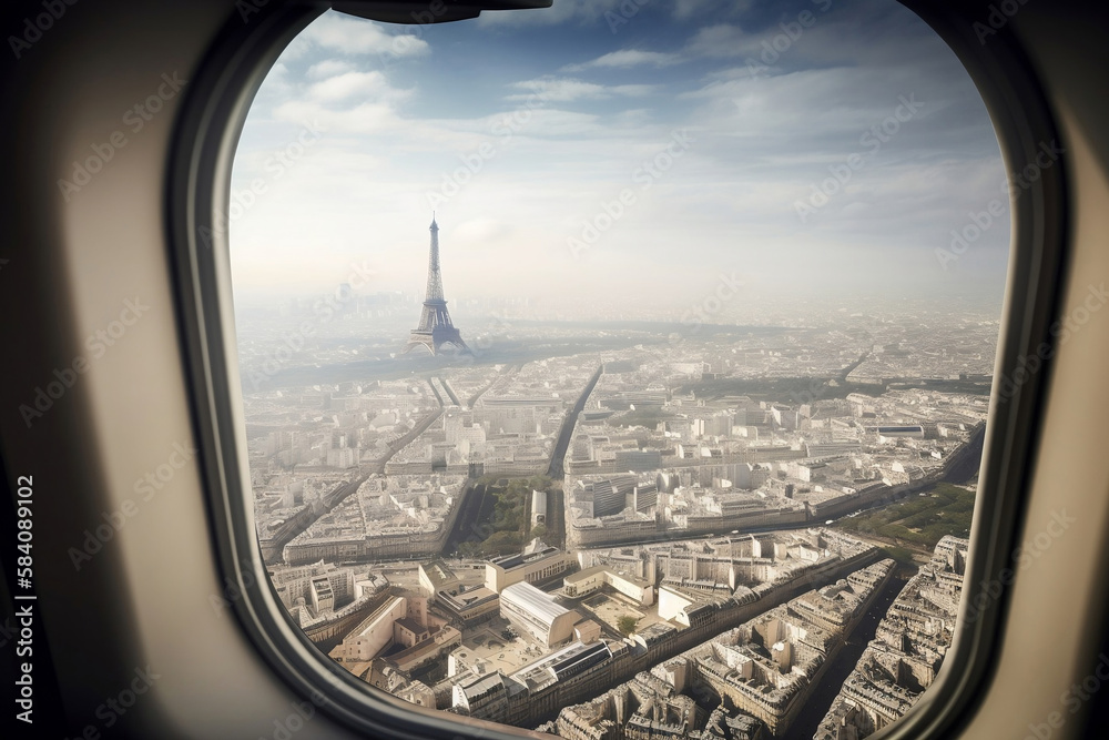 view from the airplane window on the Eiffel Tower in Paris, Generative AI