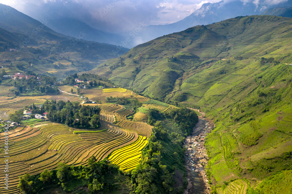 Admire the beautiful terraced fields in Y Ty commune, Bat Xat district, Lao Cai province northwest Vietnam on the day of ripe rice harvest. Rural landscape of Vietnam