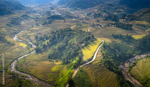 Admire the beautiful terraced fields in Y Ty commune, Bat Xat district, Lao Cai province northwest Vietnam on the day of ripe rice harvest. Rural landscape of Vietnam