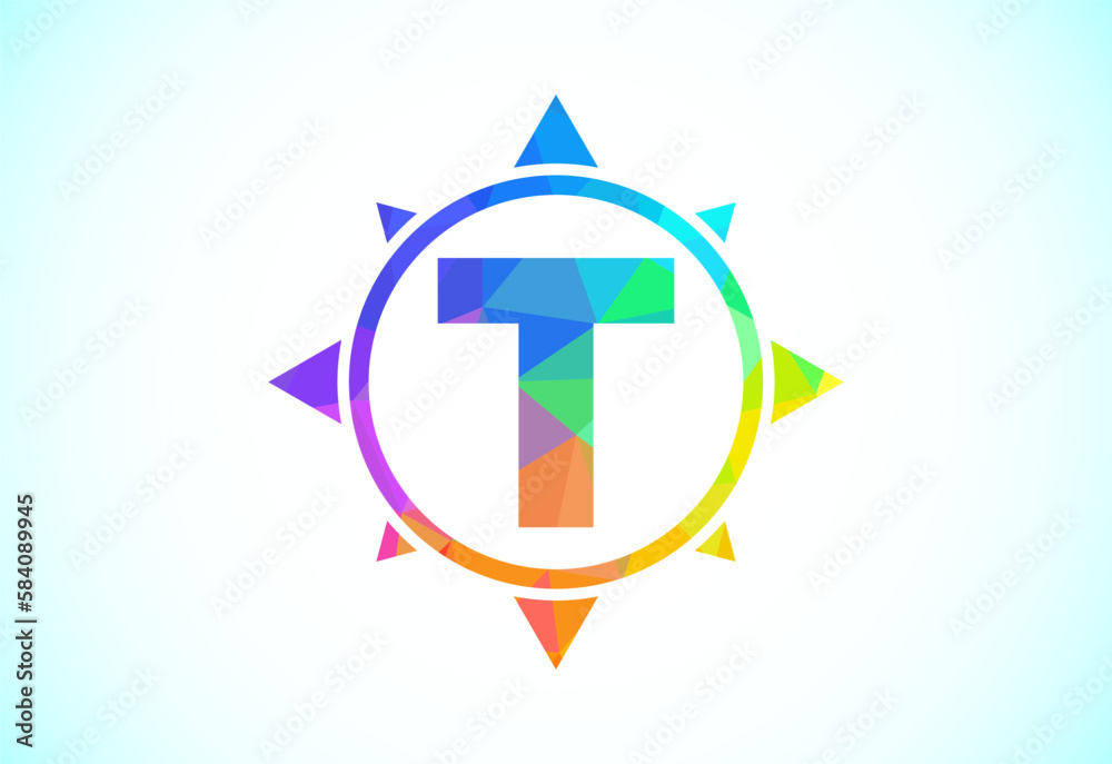 Polygonal alphabet T in a compass. Low poly style compass logo sign symbol. Vector logo design Polygonal alphabet T in a compass. Low poly style compass logo sign symbol. Vector logo design