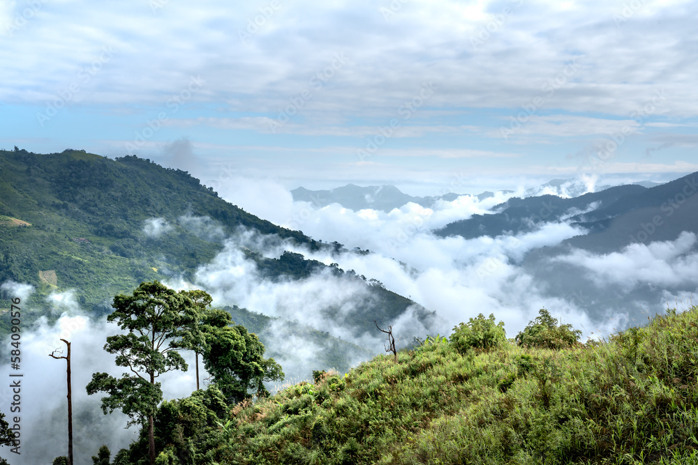 Fantasy scene in the morning there is much fog of the mountainous area in Ha Giang province, Vietnam