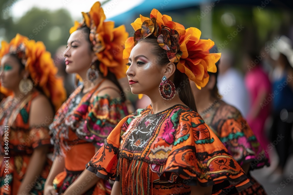 Mexican dancers wearing traditional colorful dresses in the street for 5 de Mayo celebrations. Generative AI Mexican dancers wearing traditional colorful dresses in the street for 5 de Mayo celebrations. Generative AI