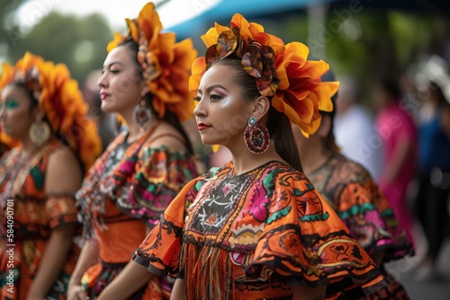 Mexican dancers wearing traditional colorful dresses in the street for 5 de Mayo celebrations. Generative AI