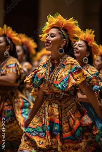 Mexican dancers wearing folkloric traditional costumes during Mexican independency day. Generative AI vertical shot