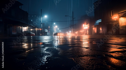 Dark background scene of an empty street. Generative Ai. Isolation, reflection, introspection, somber.  © Saulo Collado