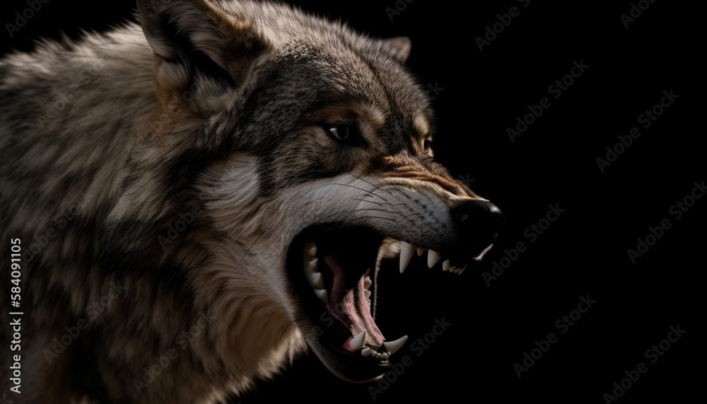 Fototapeta premium brown quick wolf in the meadows, fierce, fangs, angry, strong