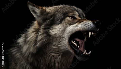 brown quick wolf in the meadows, fierce, fangs, angry, strong