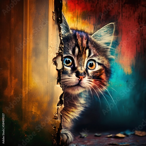 Colorful Cat Scared and Hiding in a Hole in the Wall Generated by AI