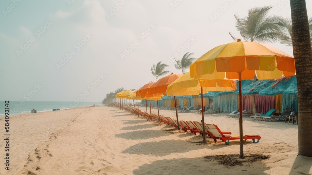 A Postcard from Paradise: A Beach with Colorful Umbrellas and Soft Golden Sand, AI Generative