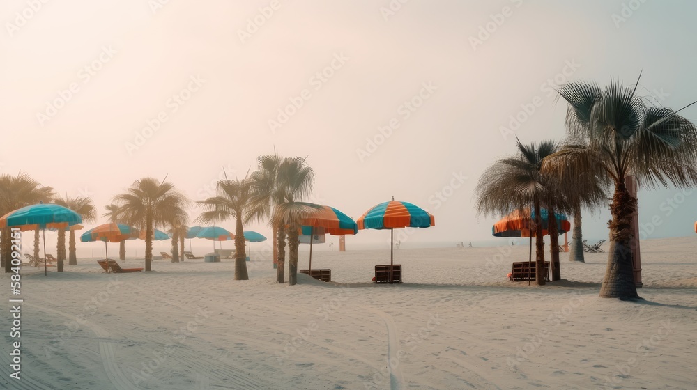 Obraz premium Palm Trees and Golden Sands: A Stunning Beach Scene, AI Generative 