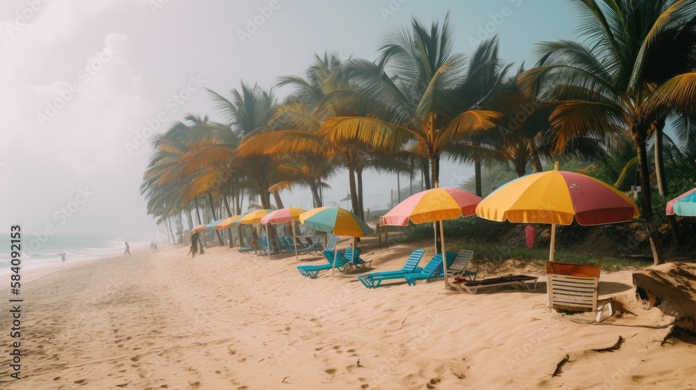 Paradise Found: A Beach Scene with Swaying Palms and Soft Sand, AI Generative
