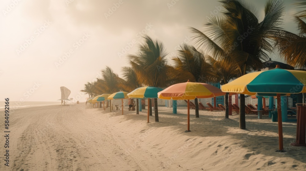 The Ultimate Getaway: A Beach with Colorful Umbrellas and Golden Sand, AI Generative
