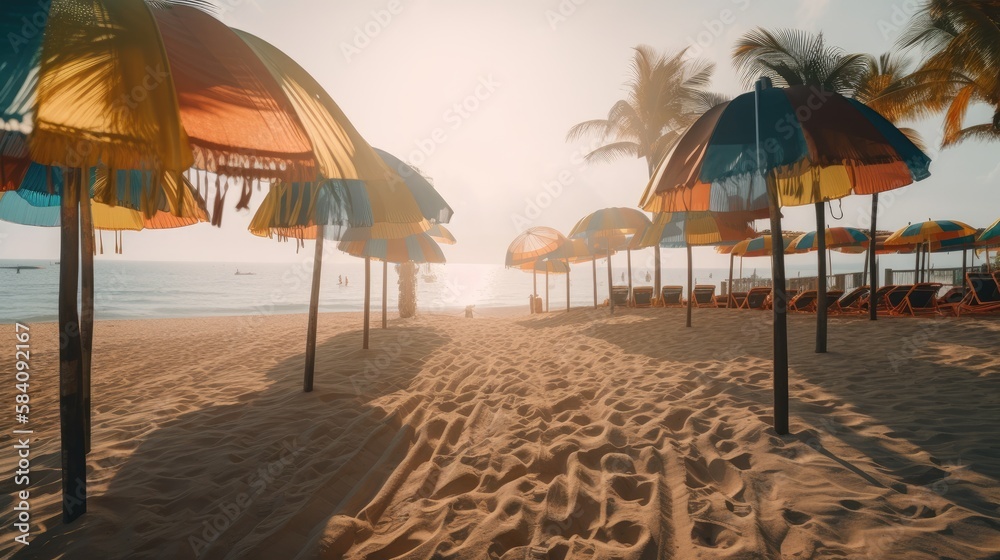 A Beach Escape: Colorful Umbrellas and Swaying Palms on Golden Sand, AI Generative
