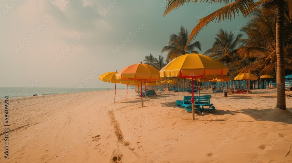A Beach Paradise: Golden Sand and Swaying Palms on a Perfect Day, AI Generative
