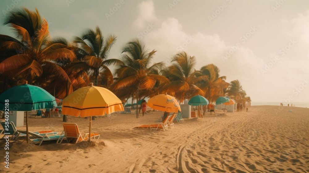Naklejka premium Palm Trees and Ocean Waves: A Scenic View of a Perfect Beach Day, AI Generative 
