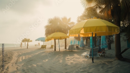 Tropical Paradise  A Stunning Beach with Colorful Umbrellas and Palm Trees  AI Generative
