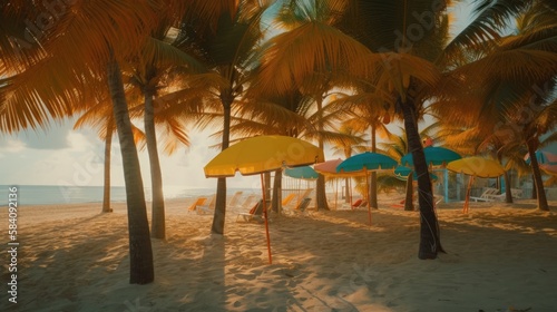 Soak Up the Sun: A Vibrant Beach Scene with Swaying Palms and Golden Sand, AI Generative © NikoArakelyan