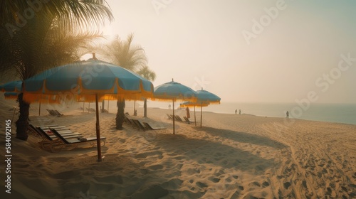 Summer Vibes: A Beach Scene with Swaying Palms and Golden Sand, AI Generative  © NikoArakelyan